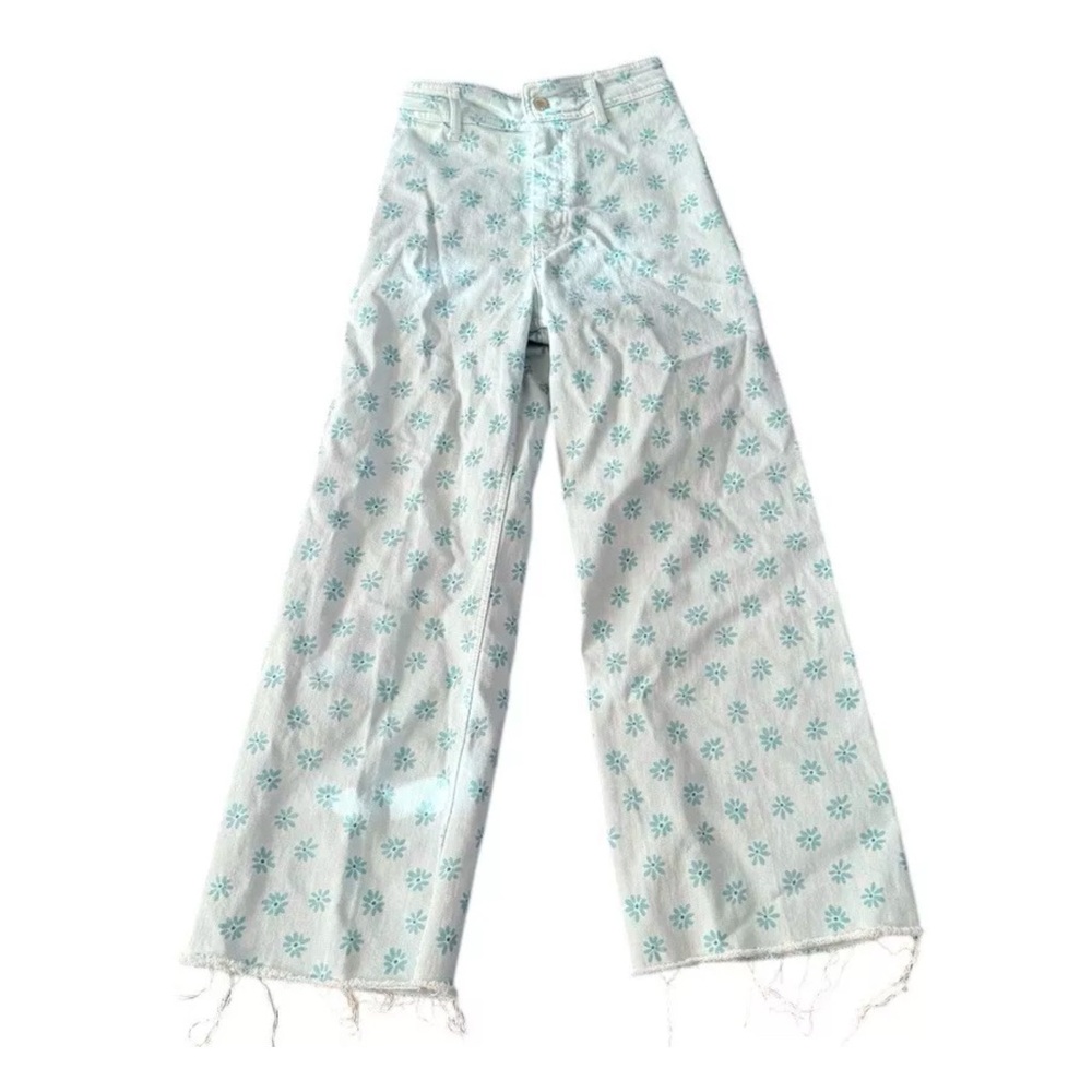 Zara The Marine Straight Floral Wide Leg Denim Jeans Raw Hem High Waist Sz 4 LN